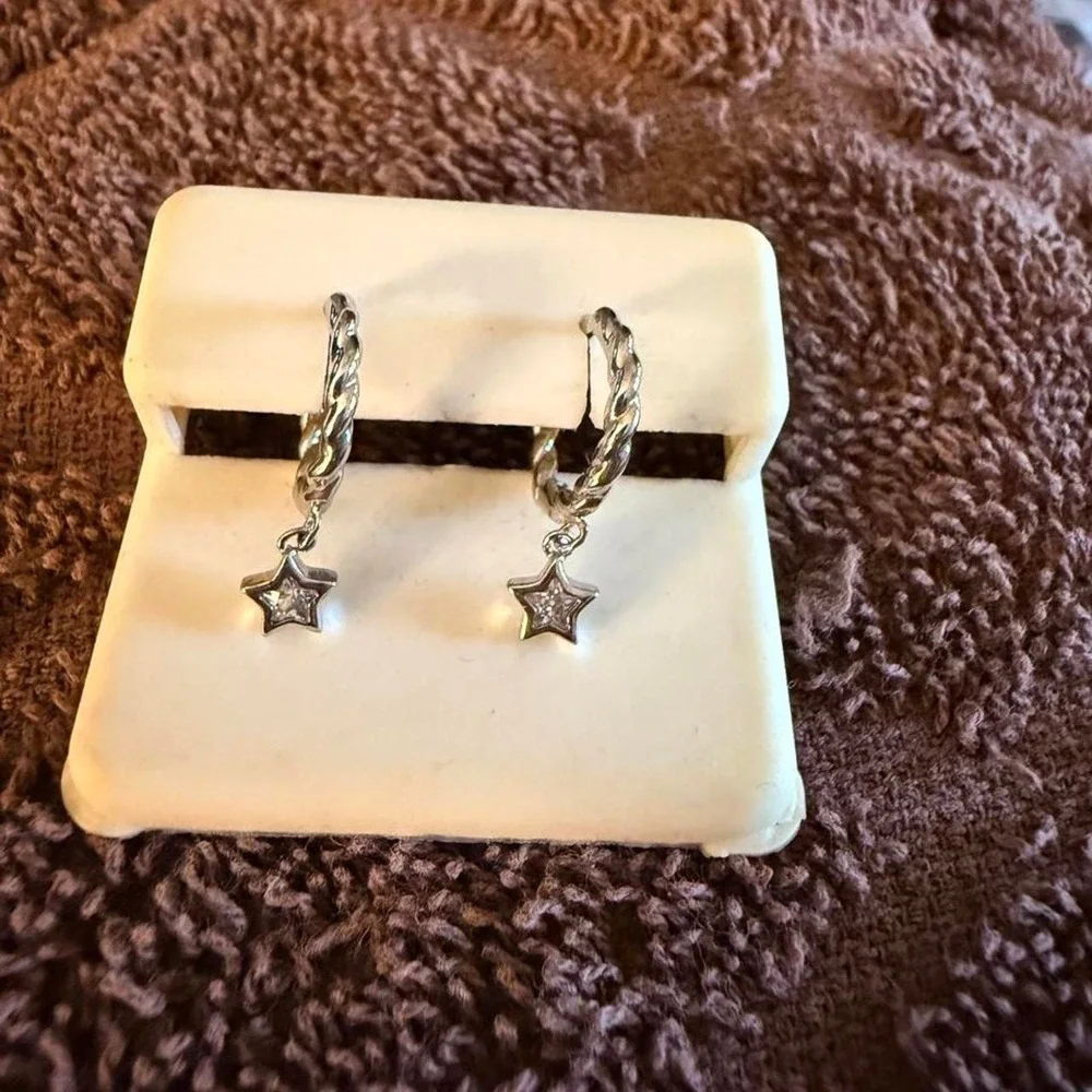 Brand New 925 Sterling Silver Mini Hoop Earrings with Dangle Star
